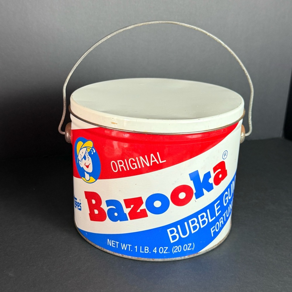 Vintage 1991 Original Bazooka Bubble Gum Advertising Tin Bucket w/ Lid & Handle